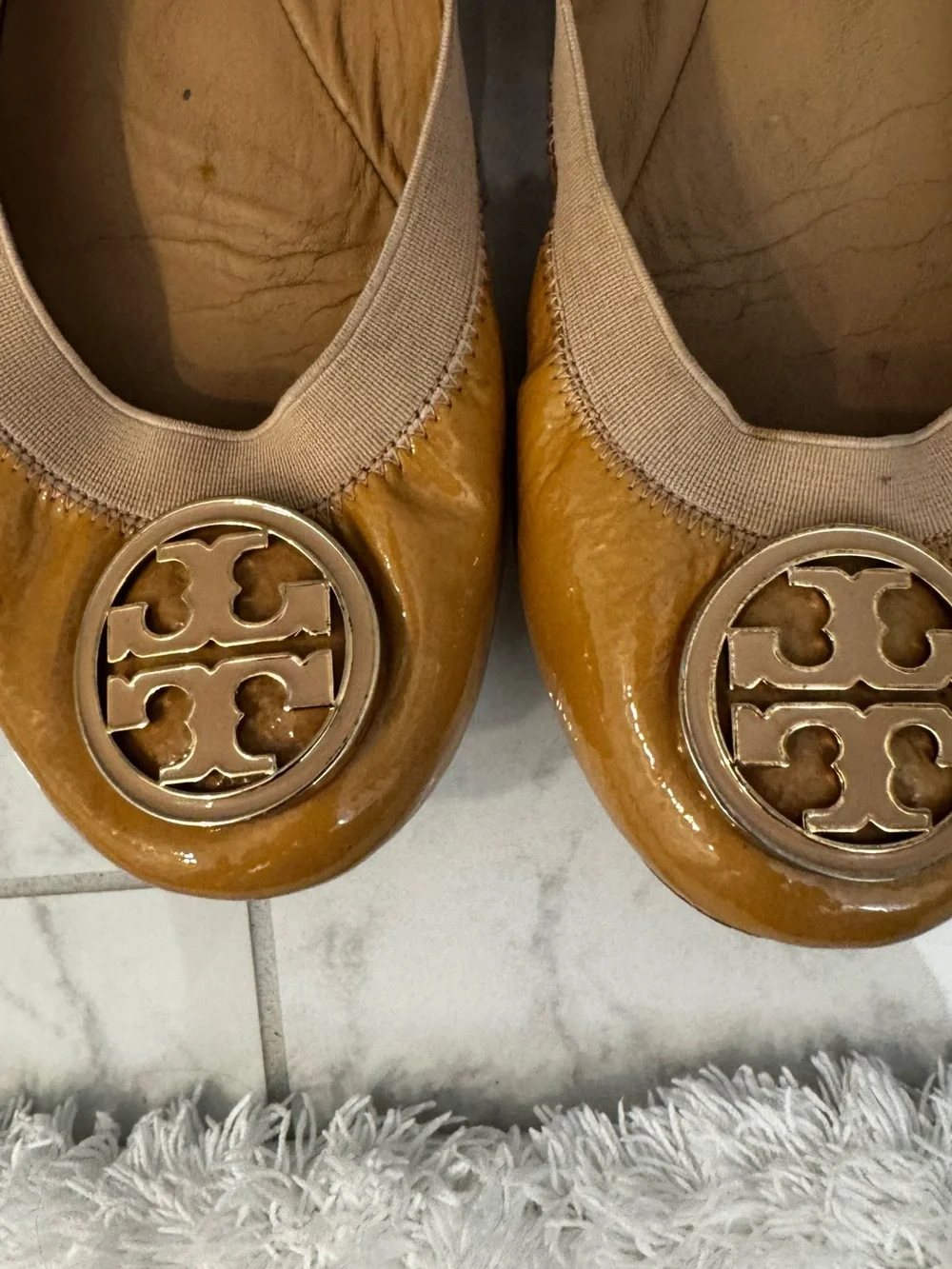 Tory Burch Tan Patent Leather Logo Ballet Flats